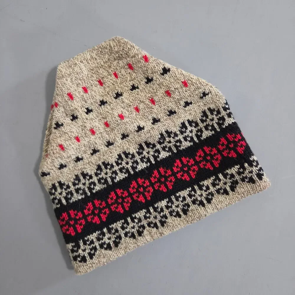 Wool Blend Fair Isle Knit Beanie Hat Brown Black Red Winter Ski Hat Made in USA